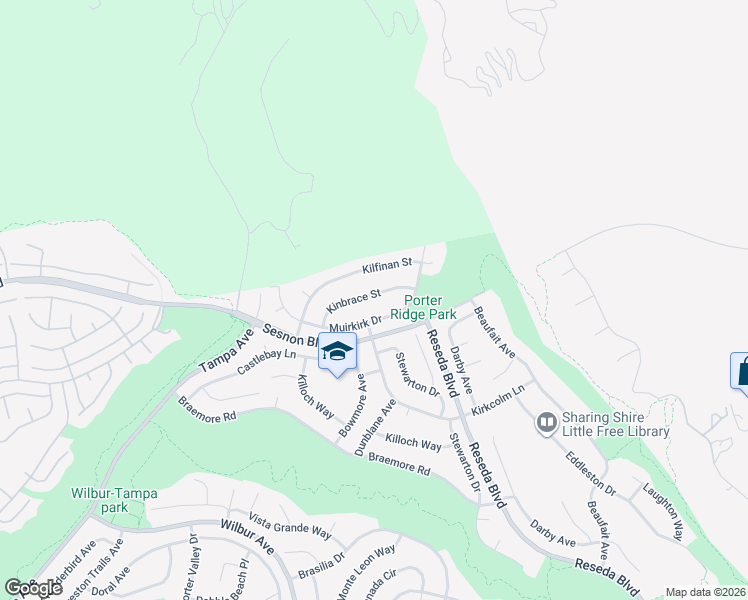 map of restaurants, bars, coffee shops, grocery stores, and more near 18912 Kinbrace Street in Los Angeles