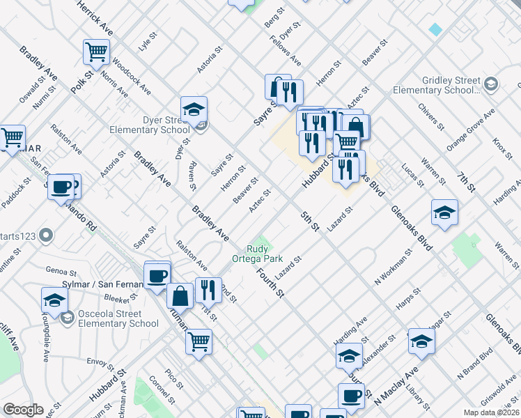 map of restaurants, bars, coffee shops, grocery stores, and more near 14276 Aztec Street in Los Angeles