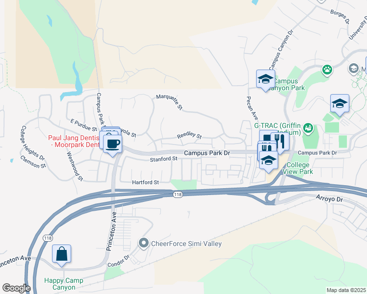 map of restaurants, bars, coffee shops, grocery stores, and more near 14885 Campus Park Drive in Moorpark