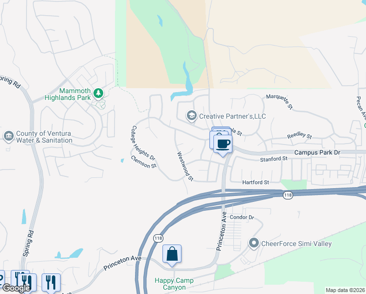 map of restaurants, bars, coffee shops, grocery stores, and more near 14376 East Dartmouth Circle in Moorpark