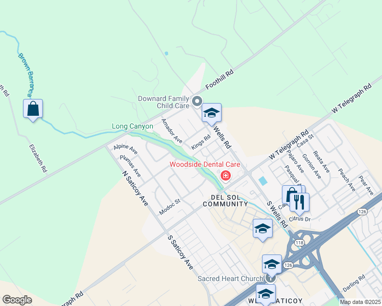 map of restaurants, bars, coffee shops, grocery stores, and more near 10829 Del Norte Street in Ventura