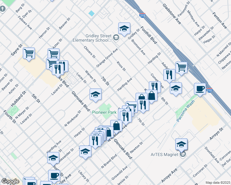 map of restaurants, bars, coffee shops, grocery stores, and more near 7th Street & Harding Street in San Fernando