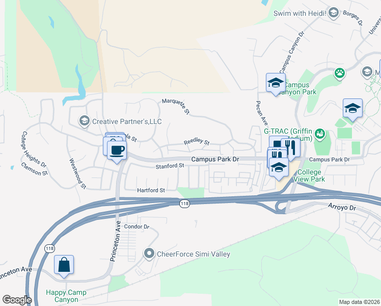 map of restaurants, bars, coffee shops, grocery stores, and more near 14885 Campus Park Drive in Moorpark