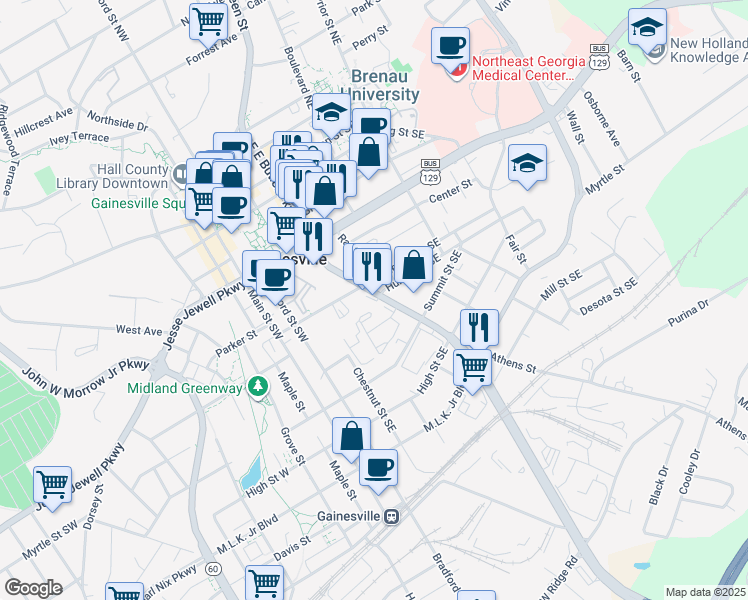 map of restaurants, bars, coffee shops, grocery stores, and more near 628 E E Butler Parkway in Gainesville