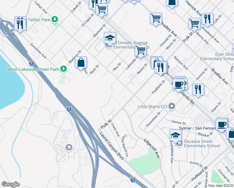 map of restaurants, bars, coffee shops, grocery stores, and more near 15241 Nurmi Street in Los Angeles