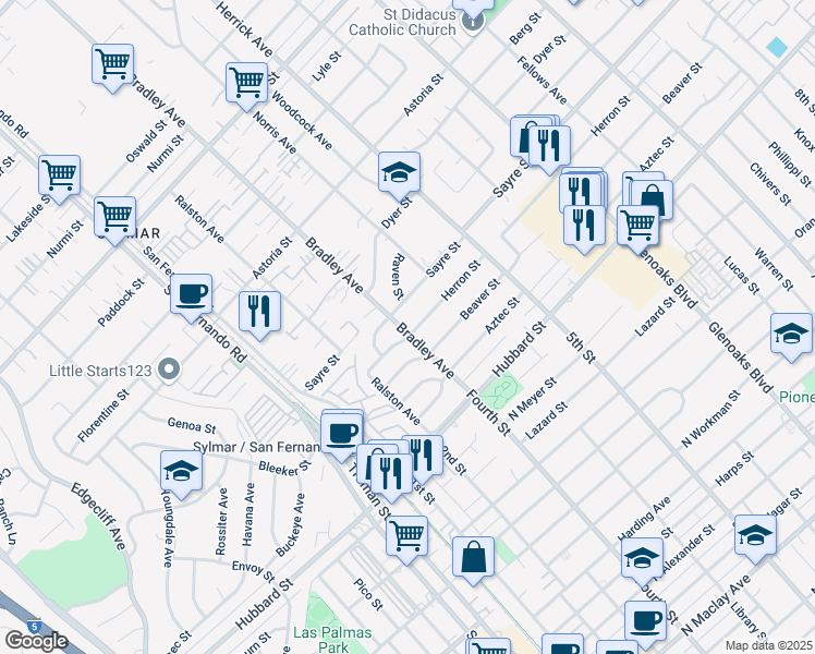 map of restaurants, bars, coffee shops, grocery stores, and more near 14434 Herron Street in Los Angeles