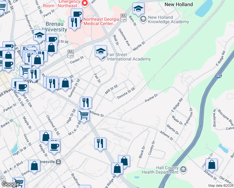 map of restaurants, bars, coffee shops, grocery stores, and more near 1042 Desota Street Southeast in Gainesville