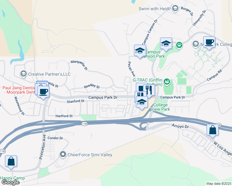map of restaurants, bars, coffee shops, grocery stores, and more near 15085 Campus Park Drive in Moorpark