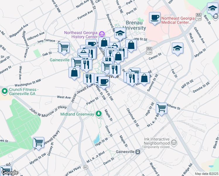 map of restaurants, bars, coffee shops, grocery stores, and more near 205-273 College Avenue Southeast in Gainesville
