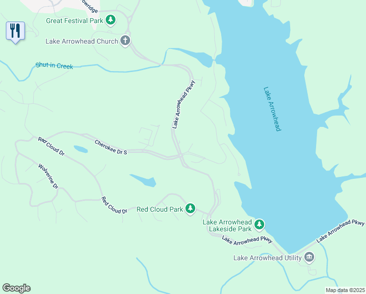 map of restaurants, bars, coffee shops, grocery stores, and more near 110 Indian Ridge Court in Waleska