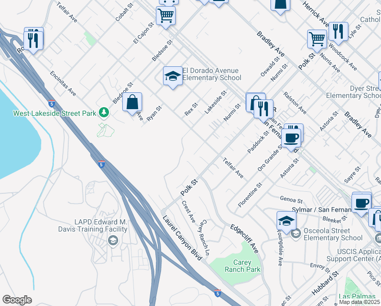 map of restaurants, bars, coffee shops, grocery stores, and more near 15241 Nurmi Street in Los Angeles