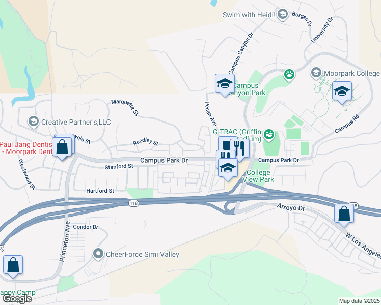 map of restaurants, bars, coffee shops, grocery stores, and more near 15138E Campus Park Drive in Moorpark