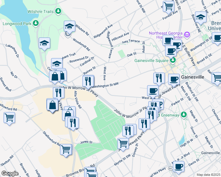 map of restaurants, bars, coffee shops, grocery stores, and more near 815 West Avenue in Gainesville