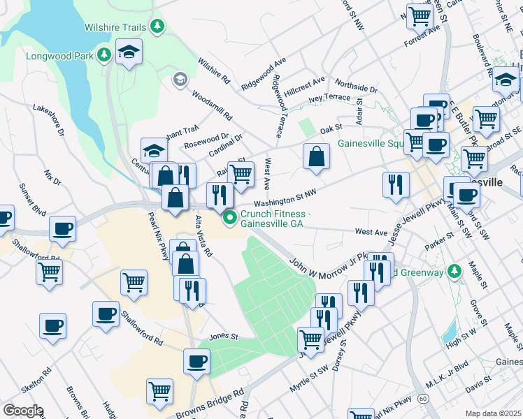 map of restaurants, bars, coffee shops, grocery stores, and more near 815 West Avenue in Gainesville