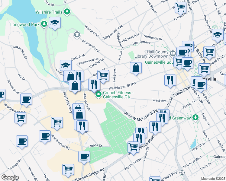 map of restaurants, bars, coffee shops, grocery stores, and more near 815 West Avenue in Gainesville