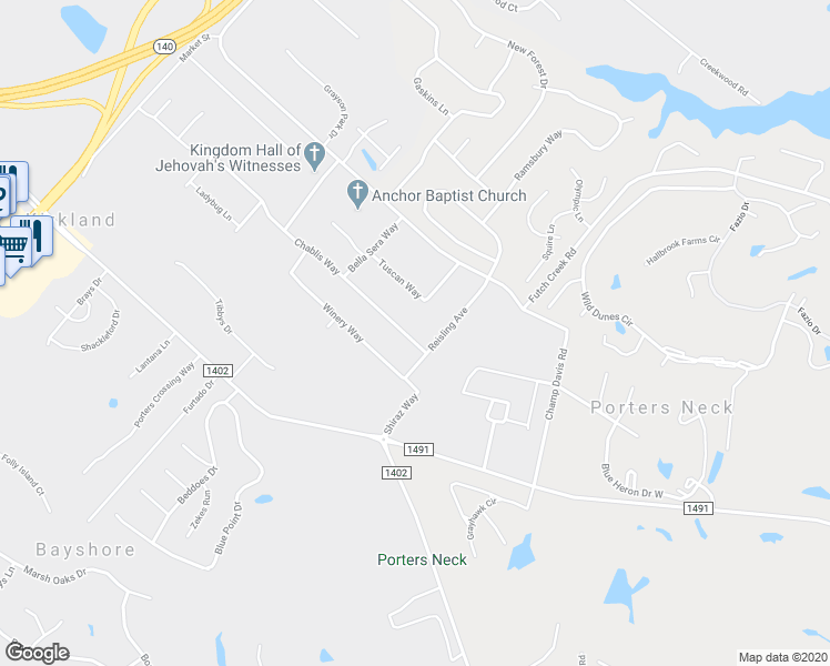 map of restaurants, bars, coffee shops, grocery stores, and more near 739 Chablis Way in Wilmington