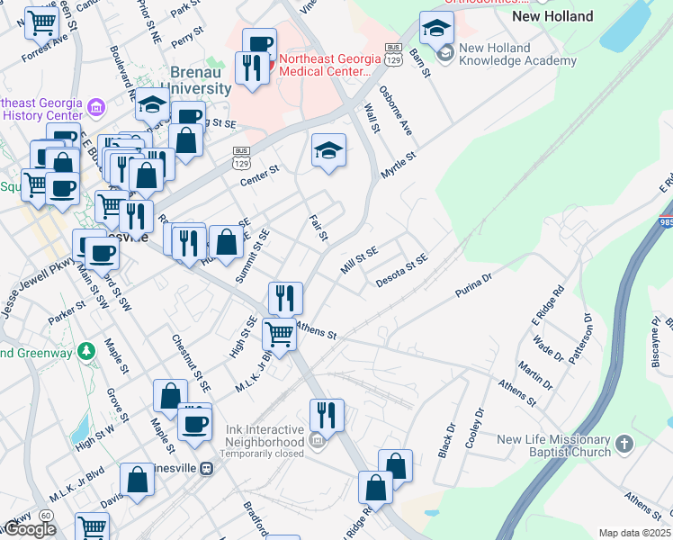 map of restaurants, bars, coffee shops, grocery stores, and more near 915 Mill Street Southeast in Gainesville