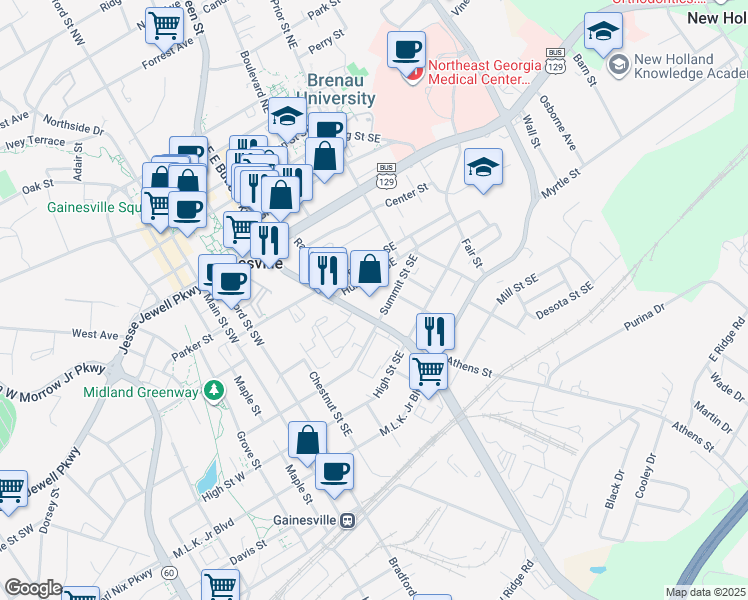map of restaurants, bars, coffee shops, grocery stores, and more near 698 E E Butler Parkway in Gainesville