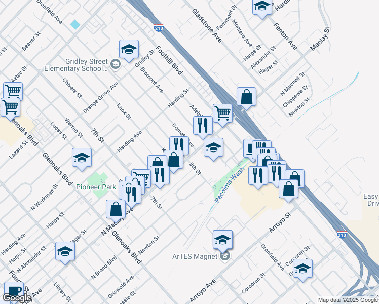 map of restaurants, bars, coffee shops, grocery stores, and more near 1200 North Maclay Avenue in San Fernando
