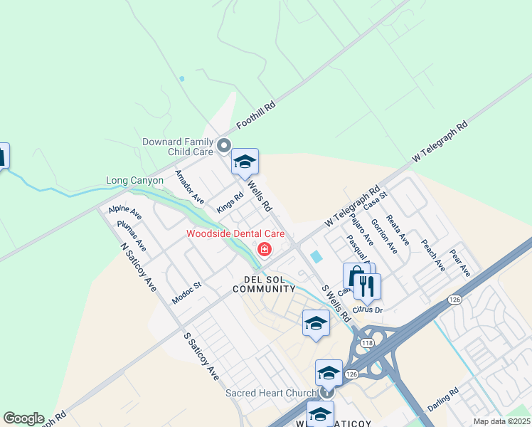 map of restaurants, bars, coffee shops, grocery stores, and more near 111 North Wells Road in Ventura