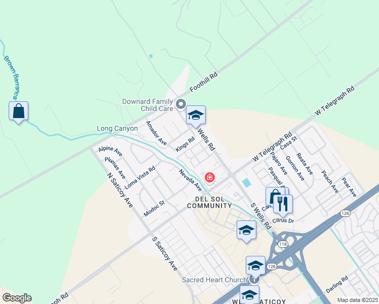map of restaurants, bars, coffee shops, grocery stores, and more near 13 Del Norte Street in Ventura
