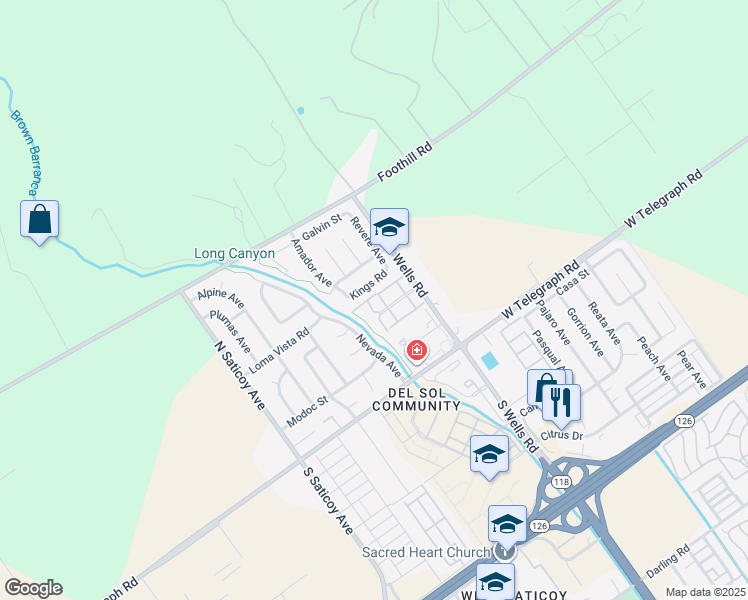 map of restaurants, bars, coffee shops, grocery stores, and more near 13 Del Norte Street in Ventura