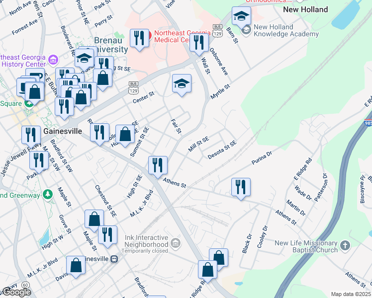 map of restaurants, bars, coffee shops, grocery stores, and more near 915 Mill Street Southeast in Gainesville