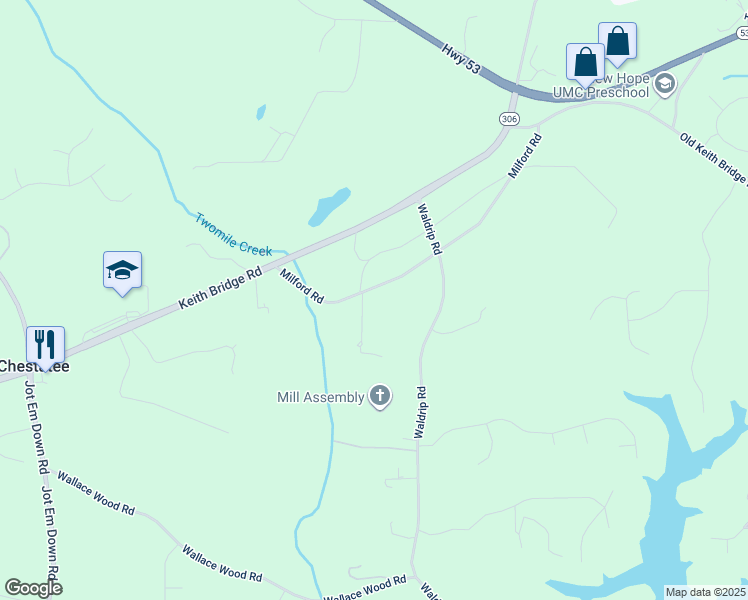 map of restaurants, bars, coffee shops, grocery stores, and more near 7920 Milford Road in Gainesville