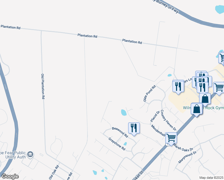 map of restaurants, bars, coffee shops, grocery stores, and more near 7680 Plantation Road in Wilmington