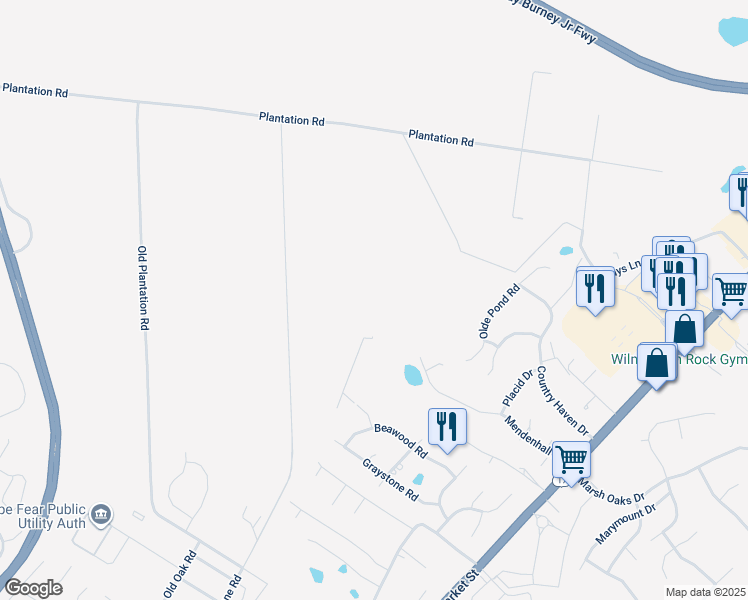 map of restaurants, bars, coffee shops, grocery stores, and more near 7680 Plantation Road in Wilmington