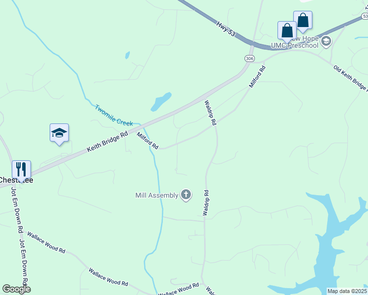 map of restaurants, bars, coffee shops, grocery stores, and more near 7920 Milford Road in Gainesville