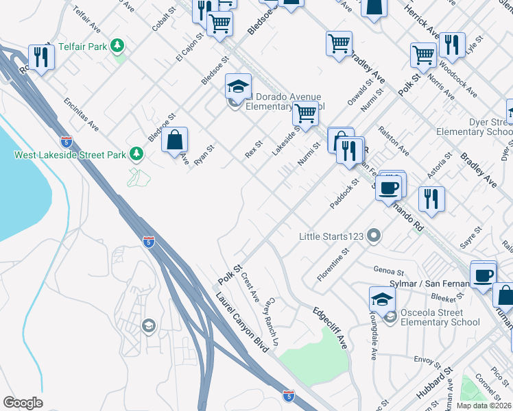 map of restaurants, bars, coffee shops, grocery stores, and more near Nurmi Street in Los Angeles