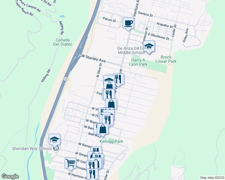 map of restaurants, bars, coffee shops, grocery stores, and more near 20 Pleasant Place in Ventura