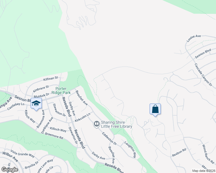 map of restaurants, bars, coffee shops, grocery stores, and more near 18575 Clydesdale Road in Los Angeles