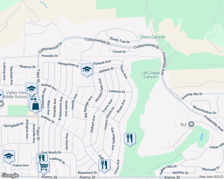 map of restaurants, bars, coffee shops, grocery stores, and more near 3405 Travis Avenue in Simi Valley