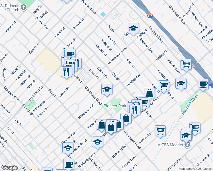 map of restaurants, bars, coffee shops, grocery stores, and more near 1627 Lucas Street in San Fernando