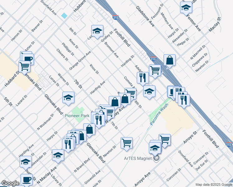 map of restaurants, bars, coffee shops, grocery stores, and more near 1224 Knox Street in San Fernando