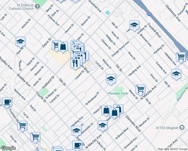 map of restaurants, bars, coffee shops, grocery stores, and more near 1725 Glenoaks Boulevard in San Fernando