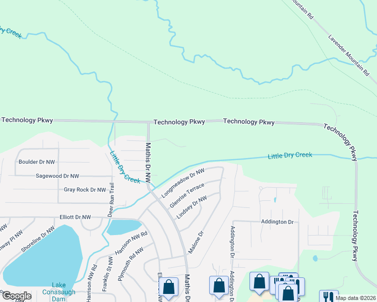 map of restaurants, bars, coffee shops, grocery stores, and more near 225 Longmeadow Drive Northwest in Rome