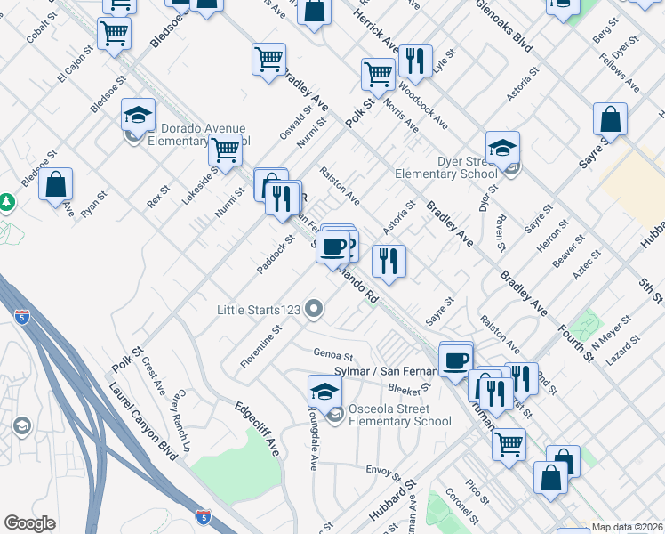 map of restaurants, bars, coffee shops, grocery stores, and more near 12455 San Fernando Road in Los Angeles