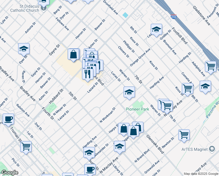 map of restaurants, bars, coffee shops, grocery stores, and more near 1725 Glenoaks Boulevard in San Fernando