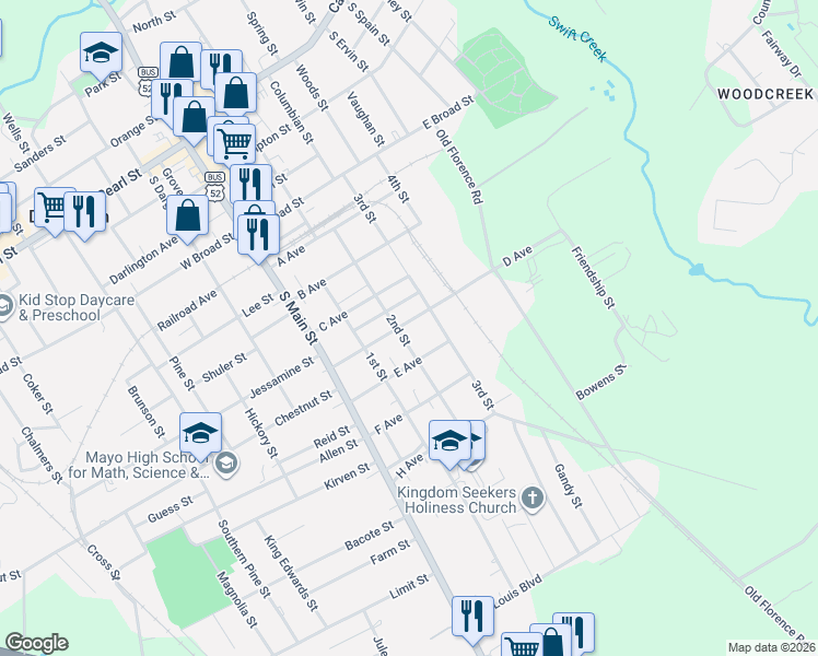 map of restaurants, bars, coffee shops, grocery stores, and more near 211 D Avenue in Darlington