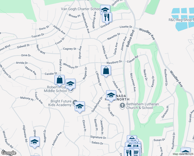 map of restaurants, bars, coffee shops, grocery stores, and more near 12425 Lithuania Drive in Los Angeles