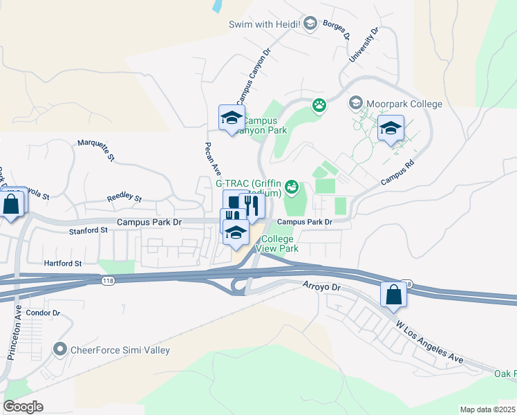 map of restaurants, bars, coffee shops, grocery stores, and more near 15361 Bambi Court in Moorpark