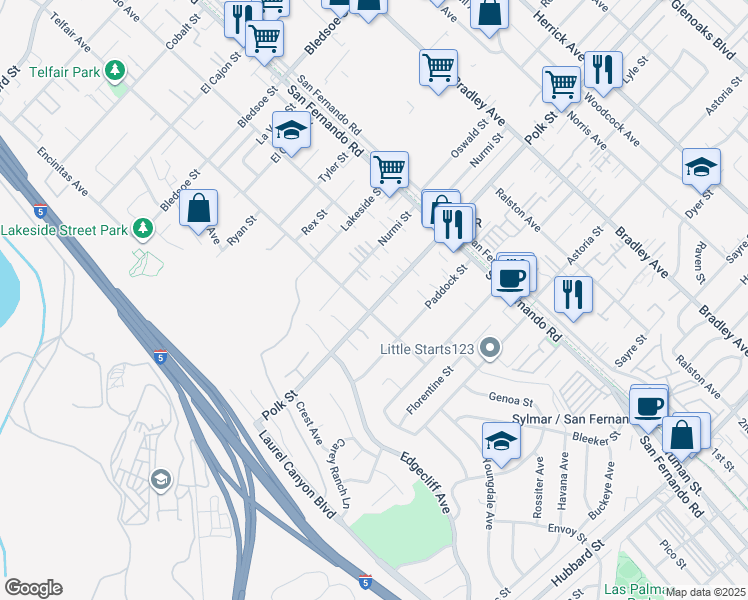 map of restaurants, bars, coffee shops, grocery stores, and more near 15131 Polk Street in Los Angeles