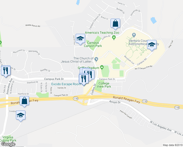 map of restaurants, bars, coffee shops, grocery stores, and more near 15353 Bambi Court in Moorpark