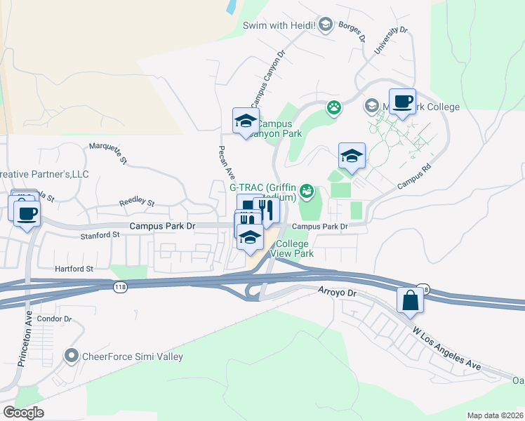 map of restaurants, bars, coffee shops, grocery stores, and more near 15327 East Benwood Drive in Moorpark