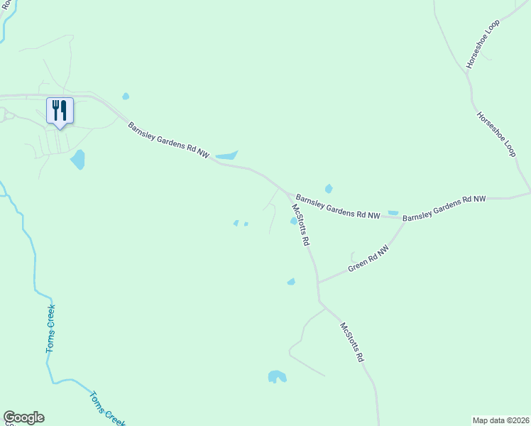 map of restaurants, bars, coffee shops, grocery stores, and more near 465 Barnsley Gardens Road Northwest in Adairsville