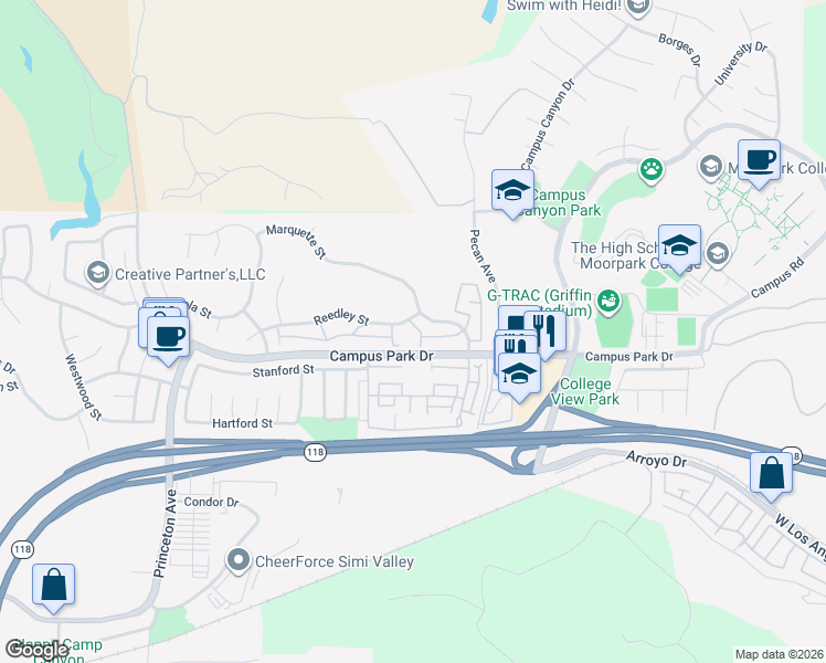 map of restaurants, bars, coffee shops, grocery stores, and more near 15091 Reedley Street in Moorpark