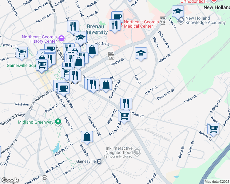 map of restaurants, bars, coffee shops, grocery stores, and more near 702 Summit Street Southeast in Gainesville